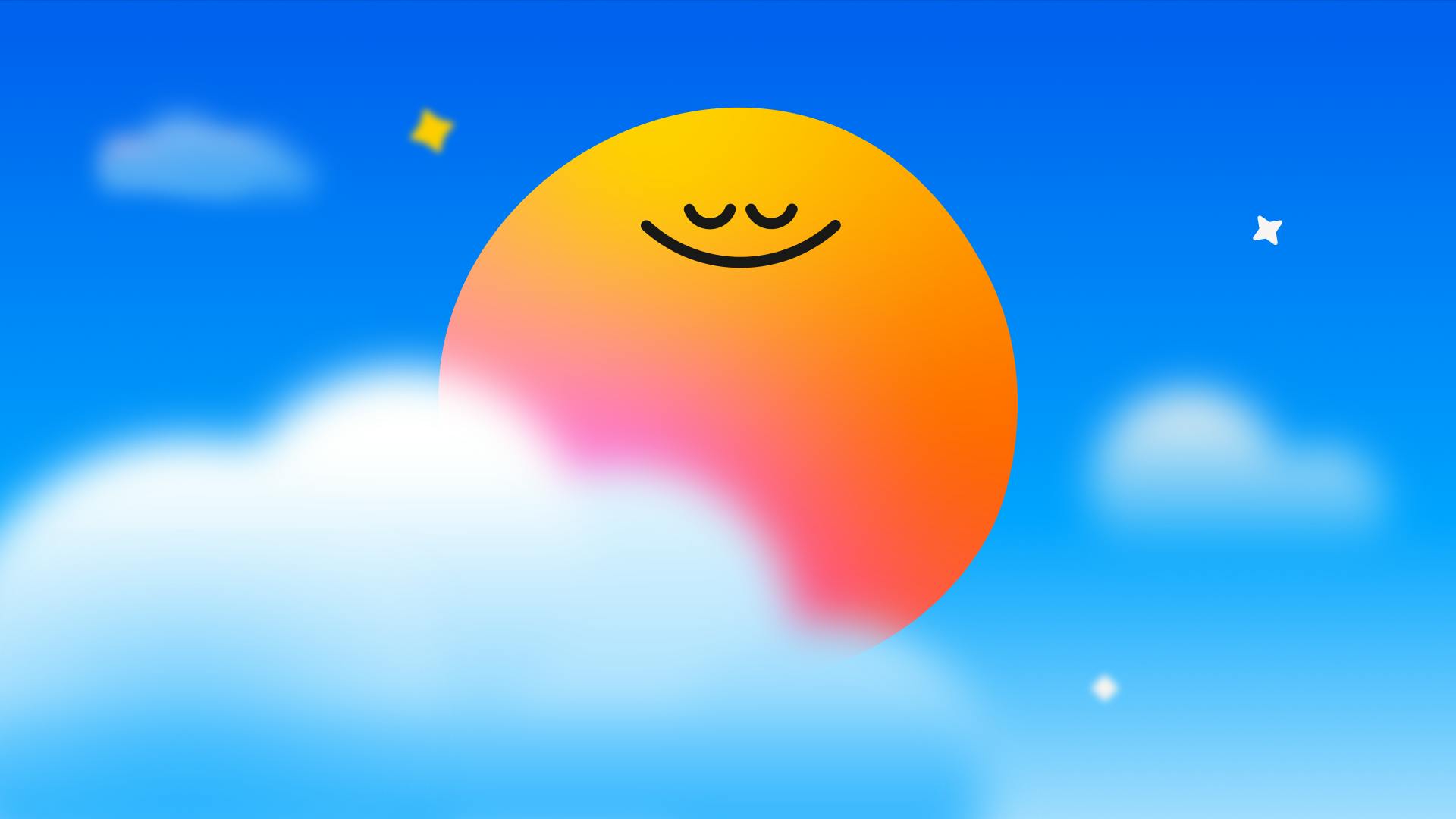 Smiling orange and pink sun against blue sky clouds and stars