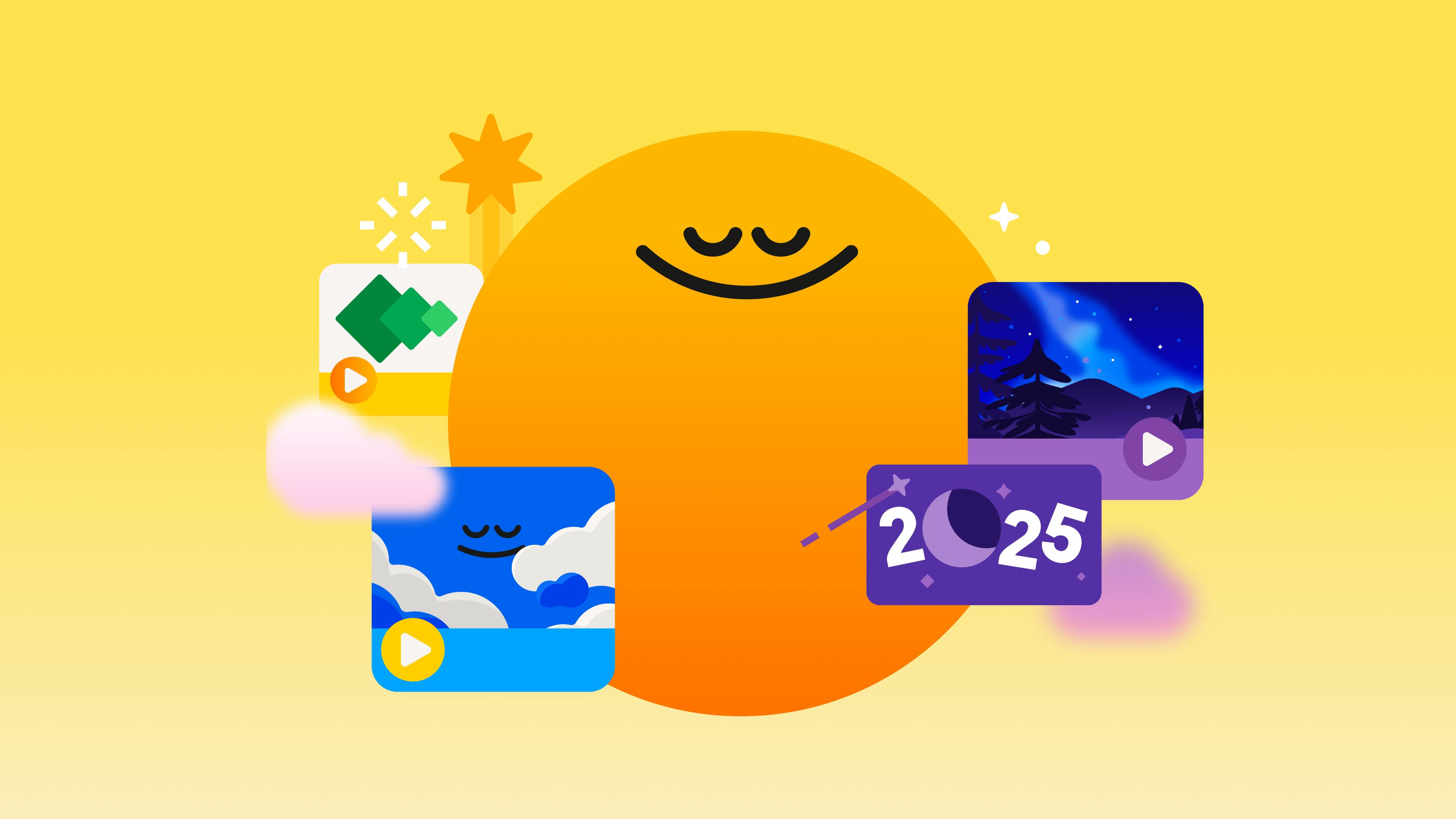 Smiling orange face with different graphics around it