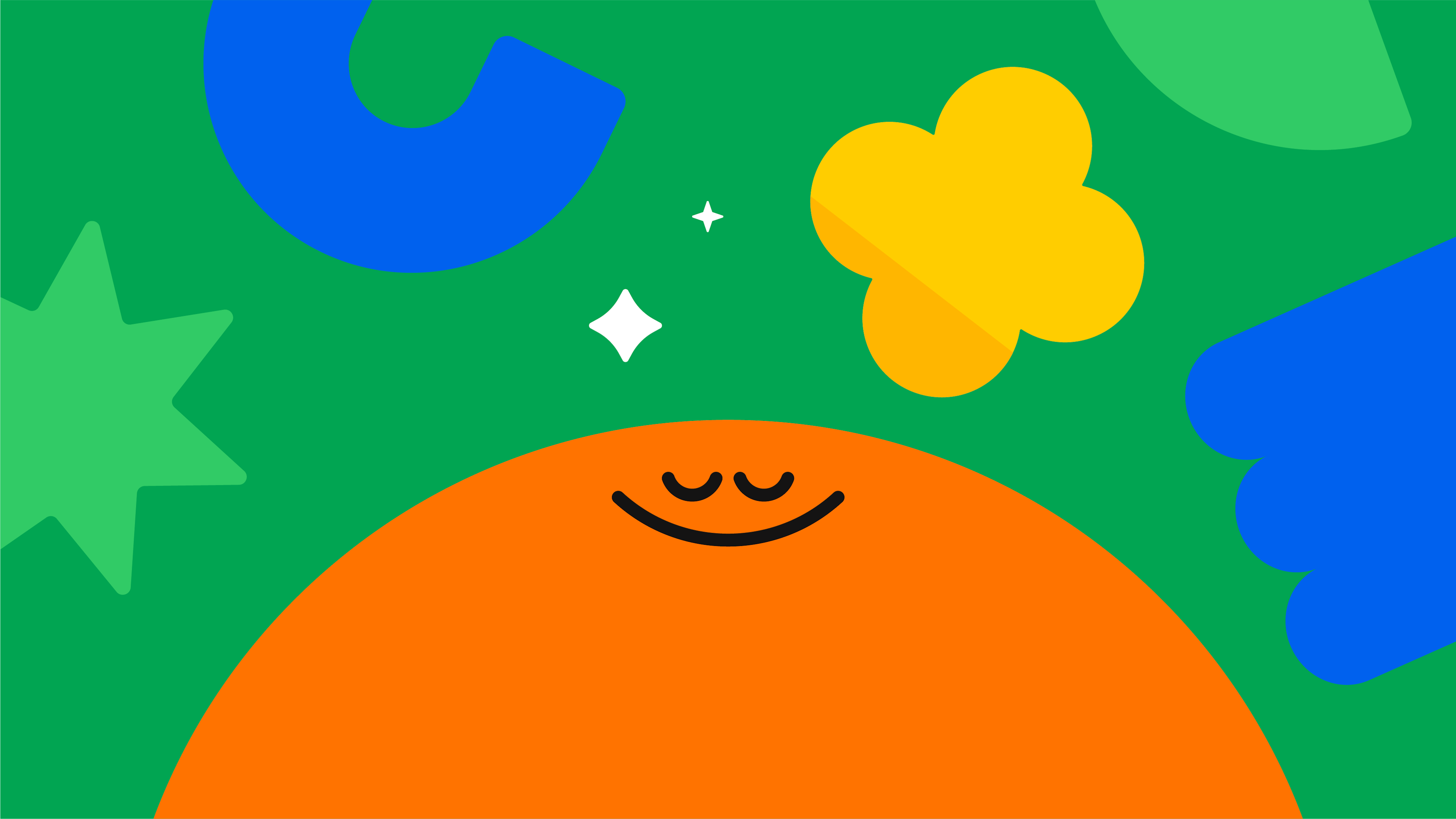 Smiling orange face surrounded by blue, green, and yellow shapes